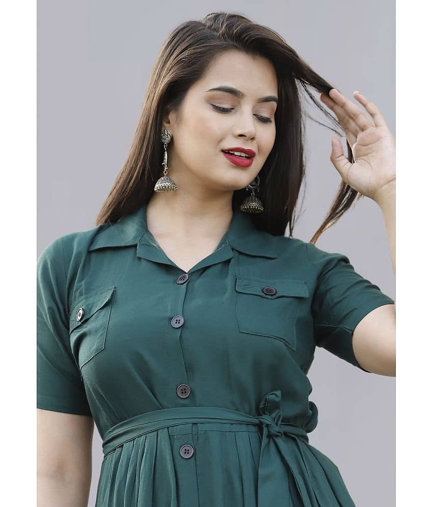 ZAMAISHA Women Rayon Solid Shirt Dress ( Green ) view 2