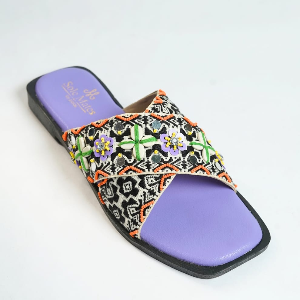 Women's Beaded Cross Strap Sandals with Purple Sole view 2