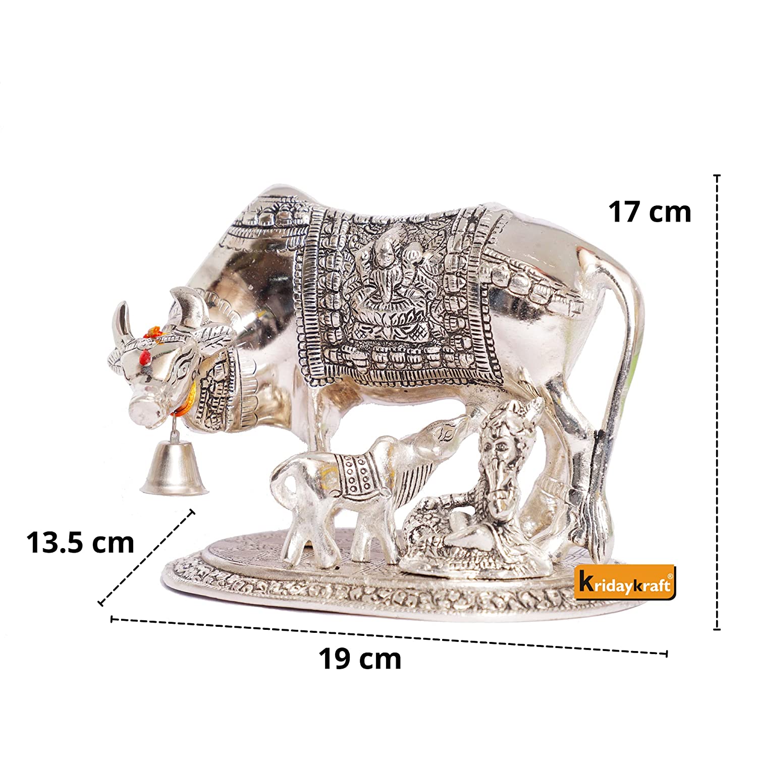 Metal Kamdhenu Cow & Calf with Bal Gopal Krishna Statue for Good Luck (Silver, 19 x 13.5 x 17 cm) view 2