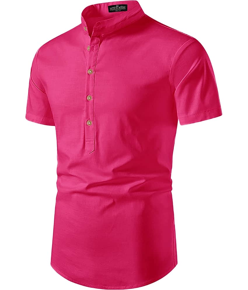 UNI VIBE Cotton Blend Plain Shirt Style Kurta For Men ( Pink ) view 2
