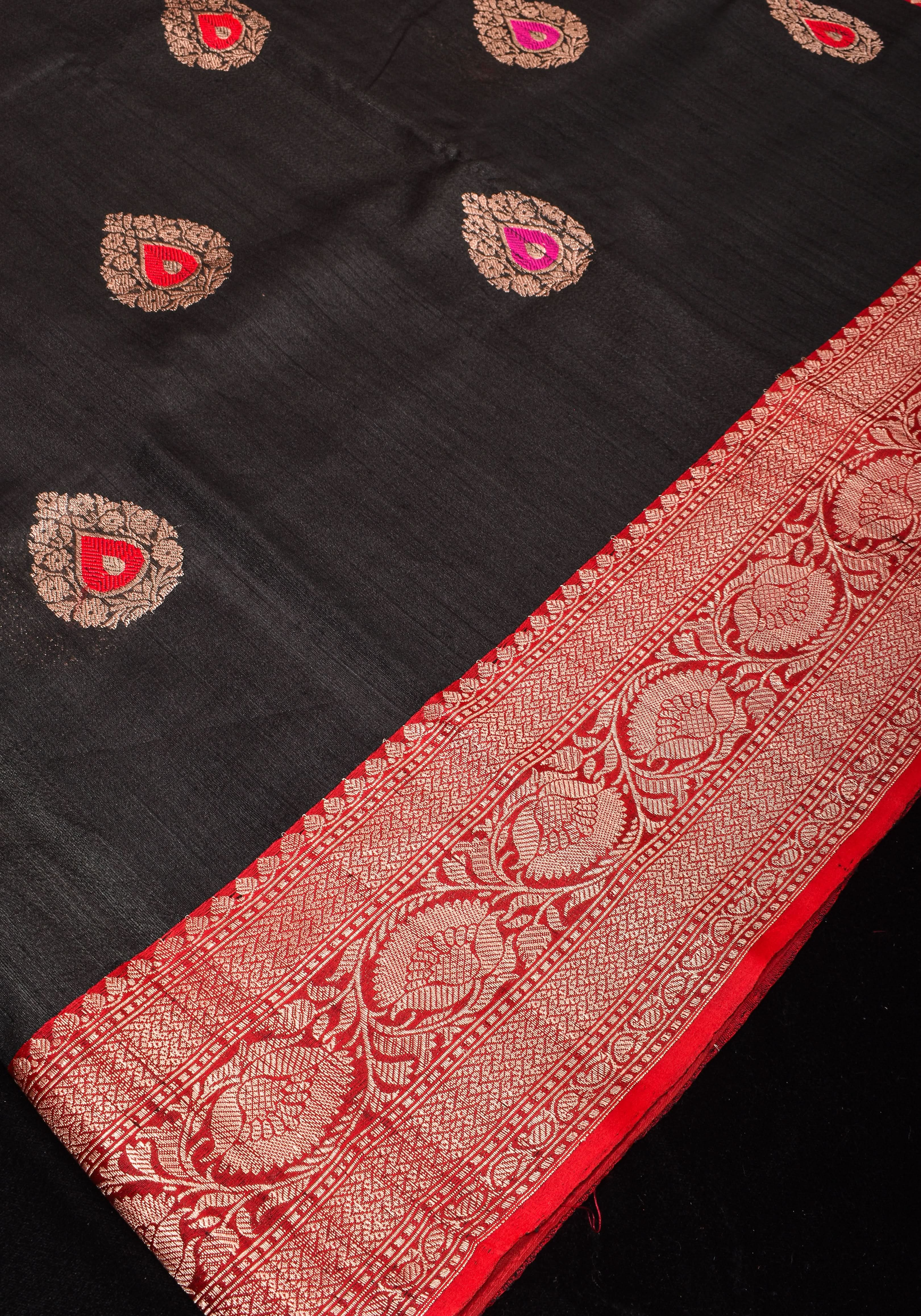 Black Banarasi Tussar Silk Saree with Gold Tone Zari and Contrast Red Zari borders | SILK MARK CERTIFIED view 2