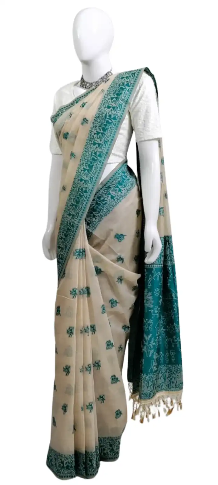 Saura Art Cotton Saree Beige Teal Village Scene Pallu view 2