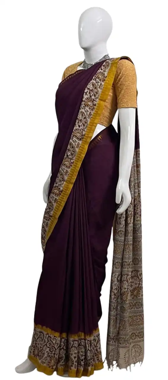 Kalamkari Mangalgiri Silk Cotton Saree Coffee Brown view 2