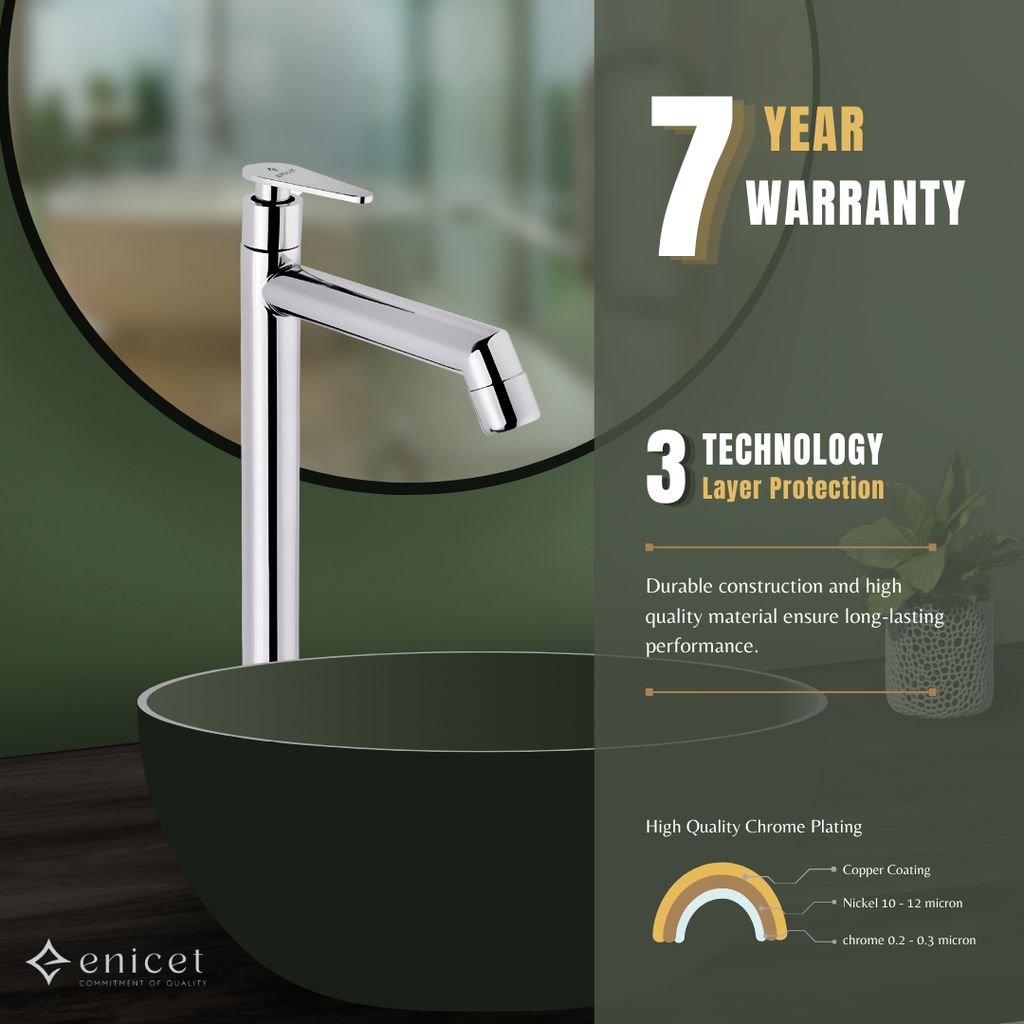 Enicet 12 Inch High Neck Pillar Tap, Brass Build, Sink Tap For Bathroom, Chrome Plated view 2