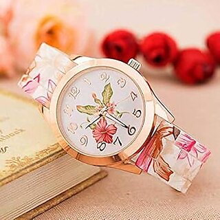 Silicone Analog White Dial Red Flower Printed Women's And Girl's Watch view 2