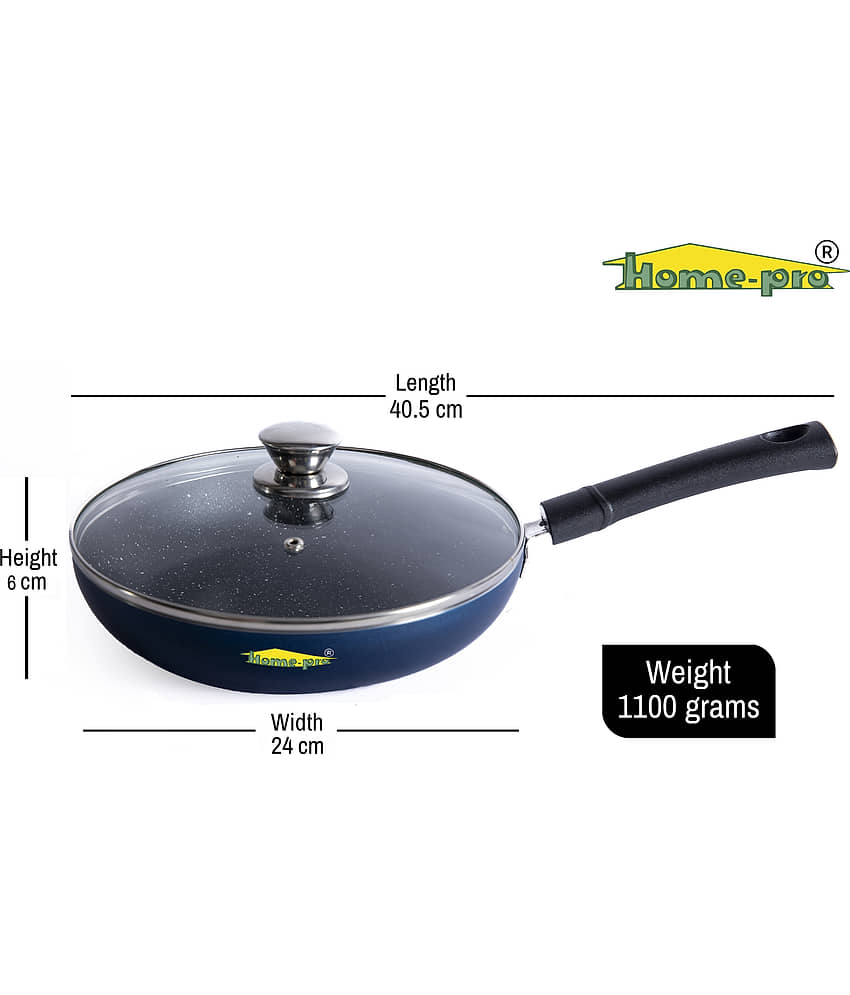 HomePro - Non-stick premium Fry Pan with glass lid, 4 Layer Coating, 4mm thick, Diameter 24cm, PFOA free and food grade, Gas Stove and Induction compatible, Blue view 2