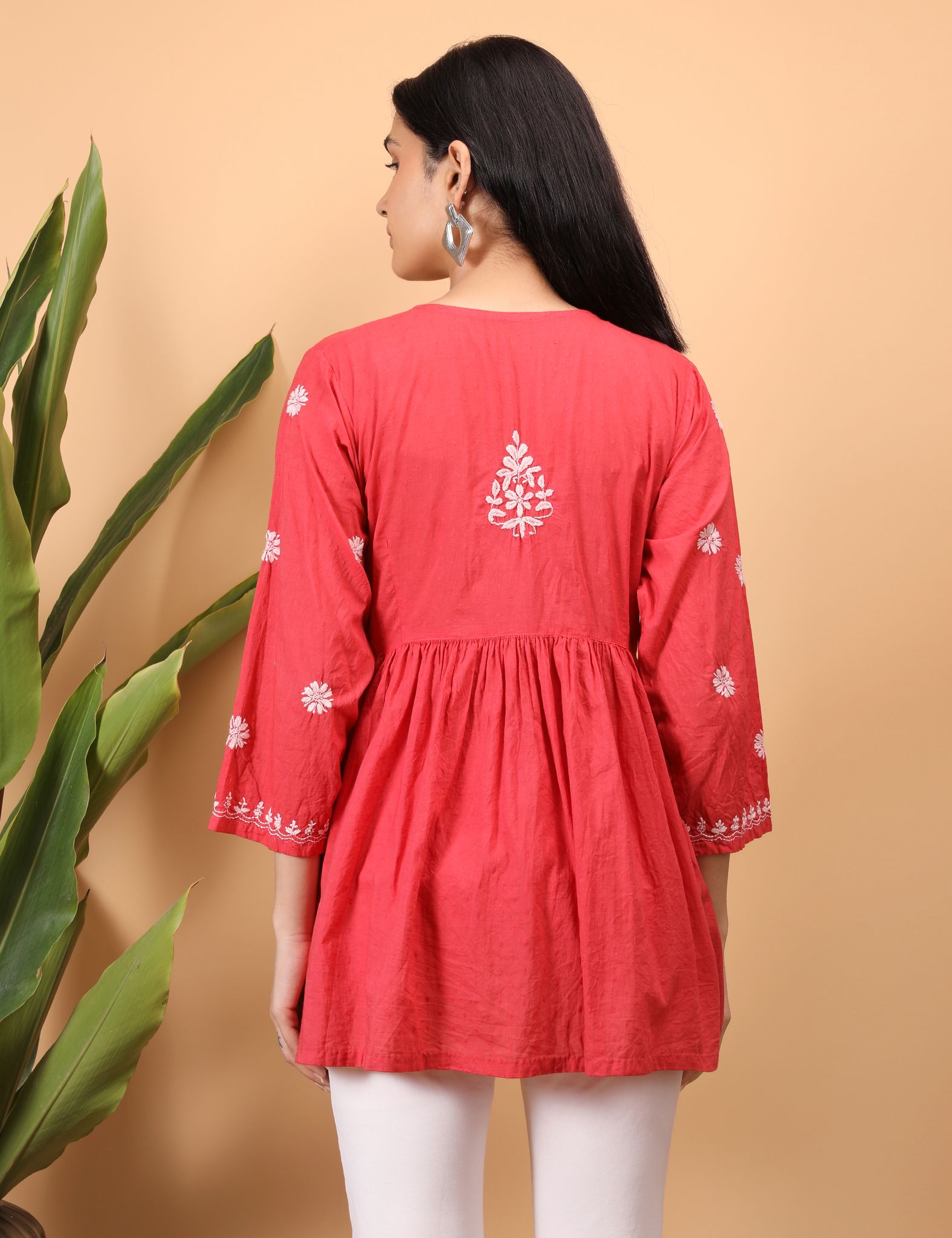 Shwet Women Red Chikankari Angarkha Top