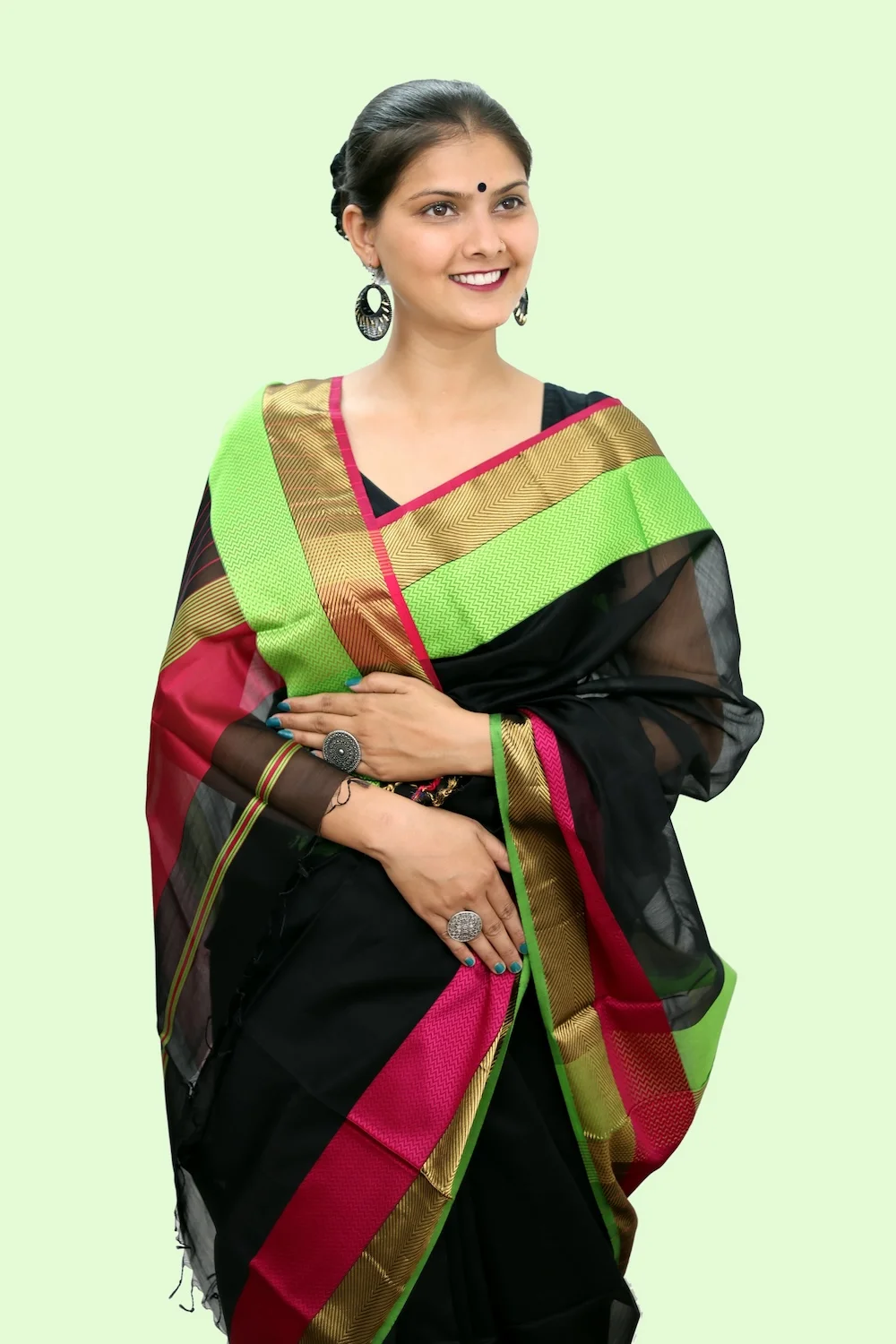 Magical Black Trio handloom Saree with Tassels view 2