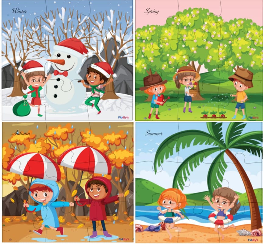 Fiddlys Kid's Wooden Jigsaw Puzzle Games for Children & Kids Paperless Puzzle - 9 Pieces (Pack of 4 Season) Age 3+