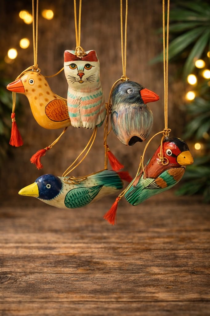 Handcrafted Hand-Painted Elephant Ornaments on Wooden Backdrop – Festive Home Décor & Gift Accents