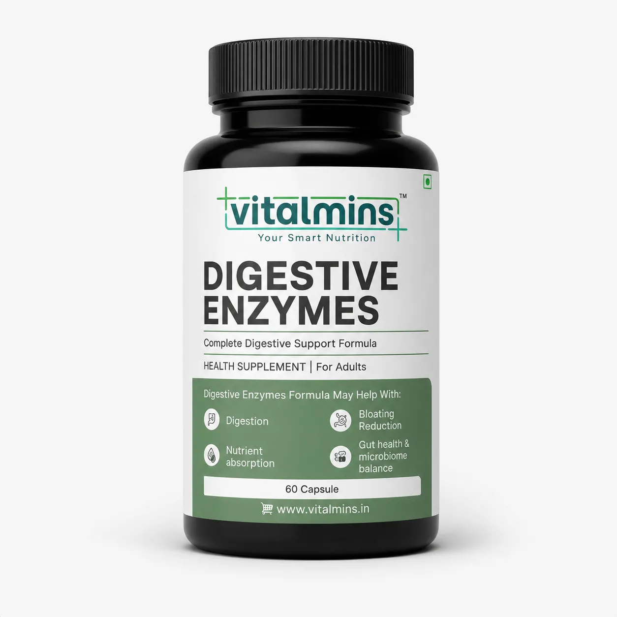 Vitalmins | Your Smart Nutrition | Digestive Enzymes | Complete Digestive Support Formula | Digestion | Nutrient Absorption | Bloating Reduction | Gut Health & Microbiome Balance | Health Supplement for Adults | 60 Veg Capsules