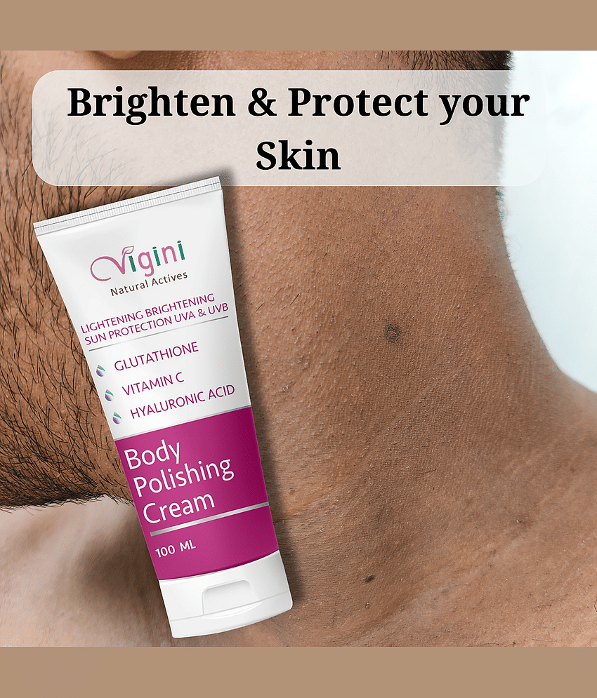 Vigini Skin Lightening Whitening Fairness Body Brightening Polishing Cream SPF30 Moisturizer D-Tan Pigmentation Dark Spots Removal Remover Lotion Gel Glutathione Kojic Hyaluronic Acid & Vitamin C Men Women Use With Face Wash Serum Facial Kit Goree Gora Oi view 2