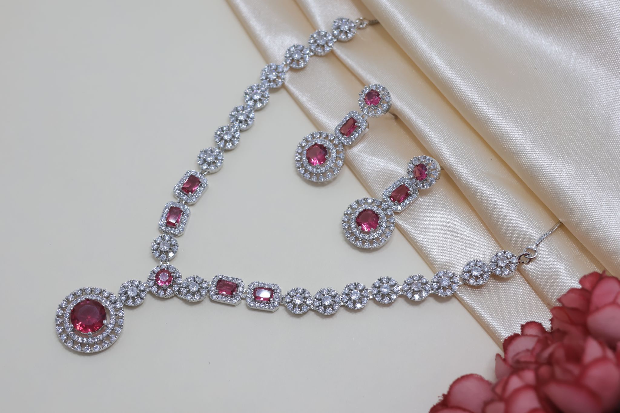 Elegant Rhodium Plated Ruby Pink CZ Drop Earrings for Women
