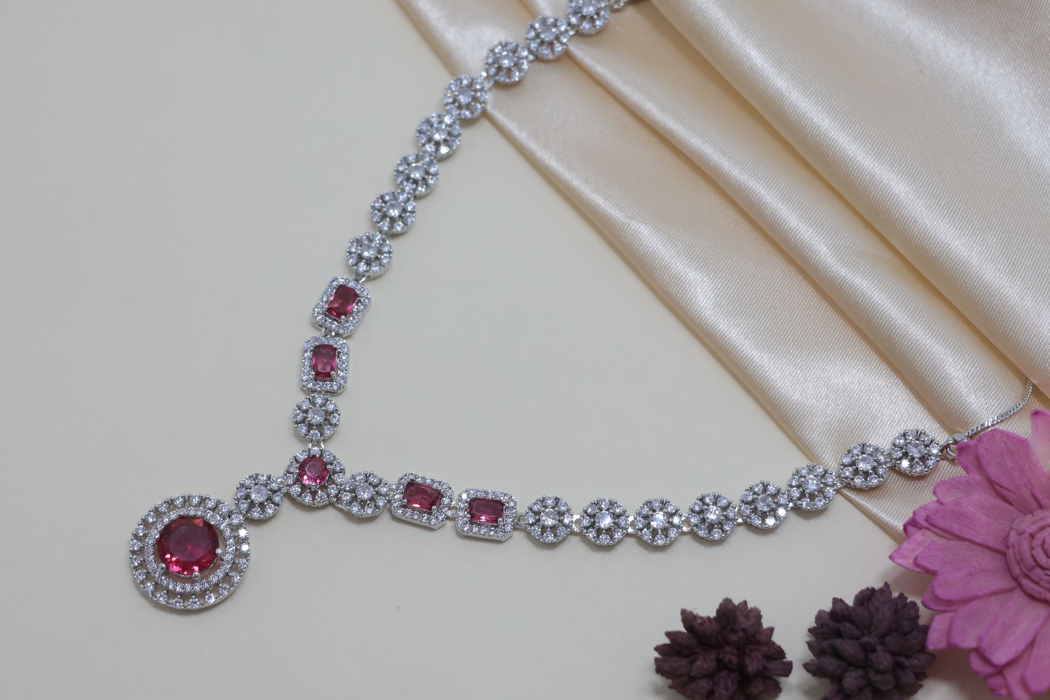 Elegant Rhodium Plated Ruby Pink CZ Drop Earrings for Women view 2