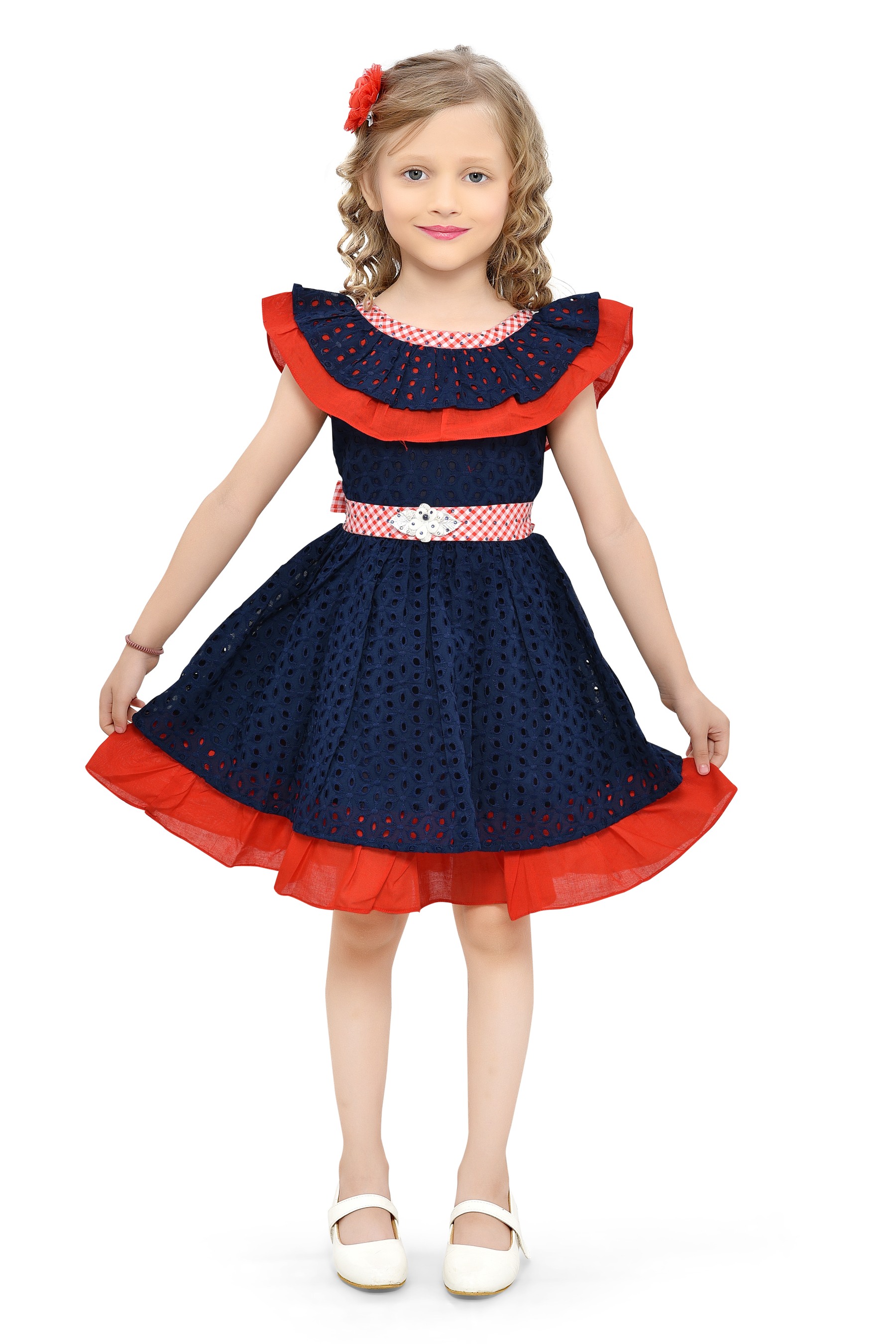 Be:Kids Enchanted Evening Navy Polka-Dot Dress with Red Accents and Rhinestone Belt view 2