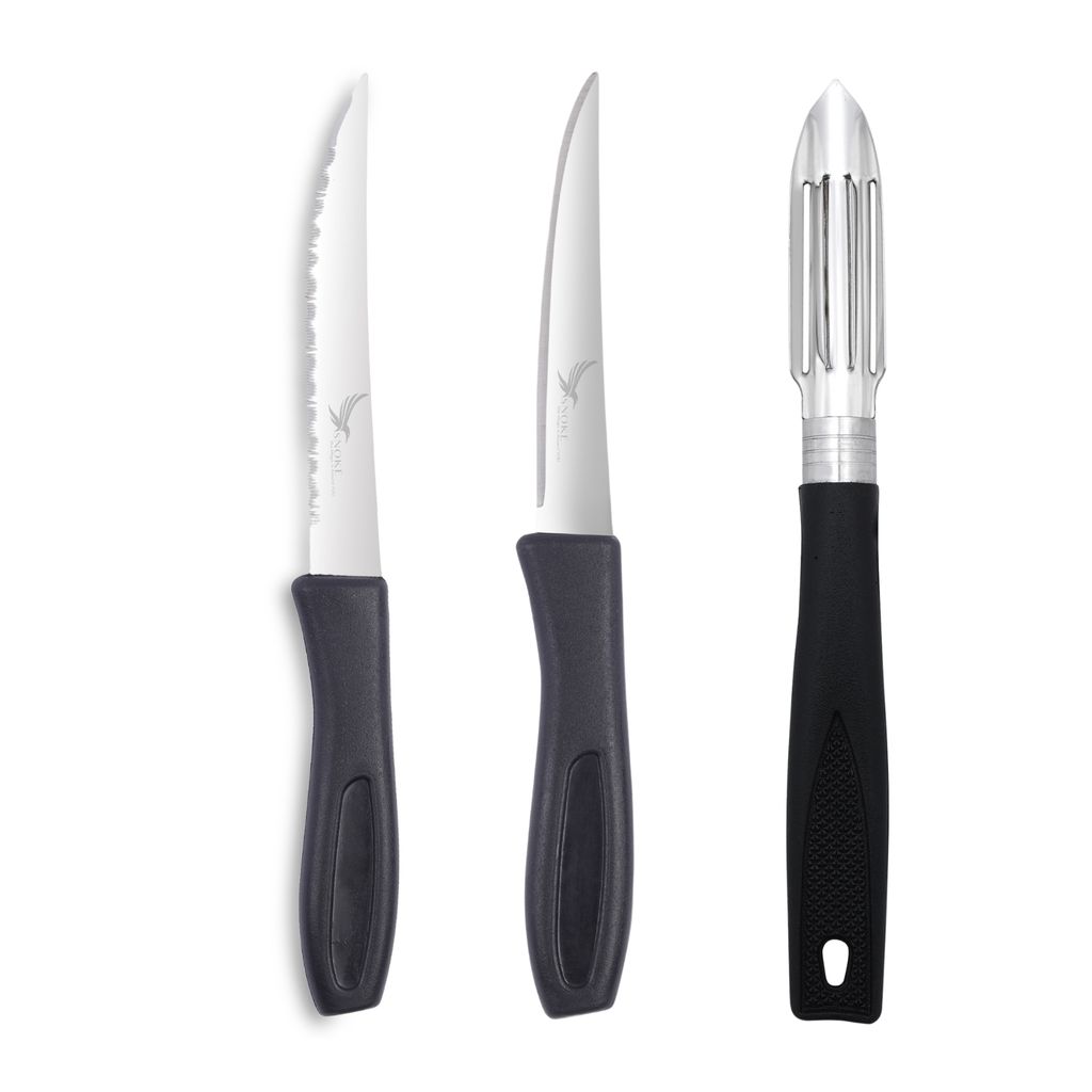 SNOKE® knife Peeler set for kitchen use , cutting and peeling vegetables and fruits , stainless steel , pack of 3 , silver color blade with strong plastic handle for better grip.