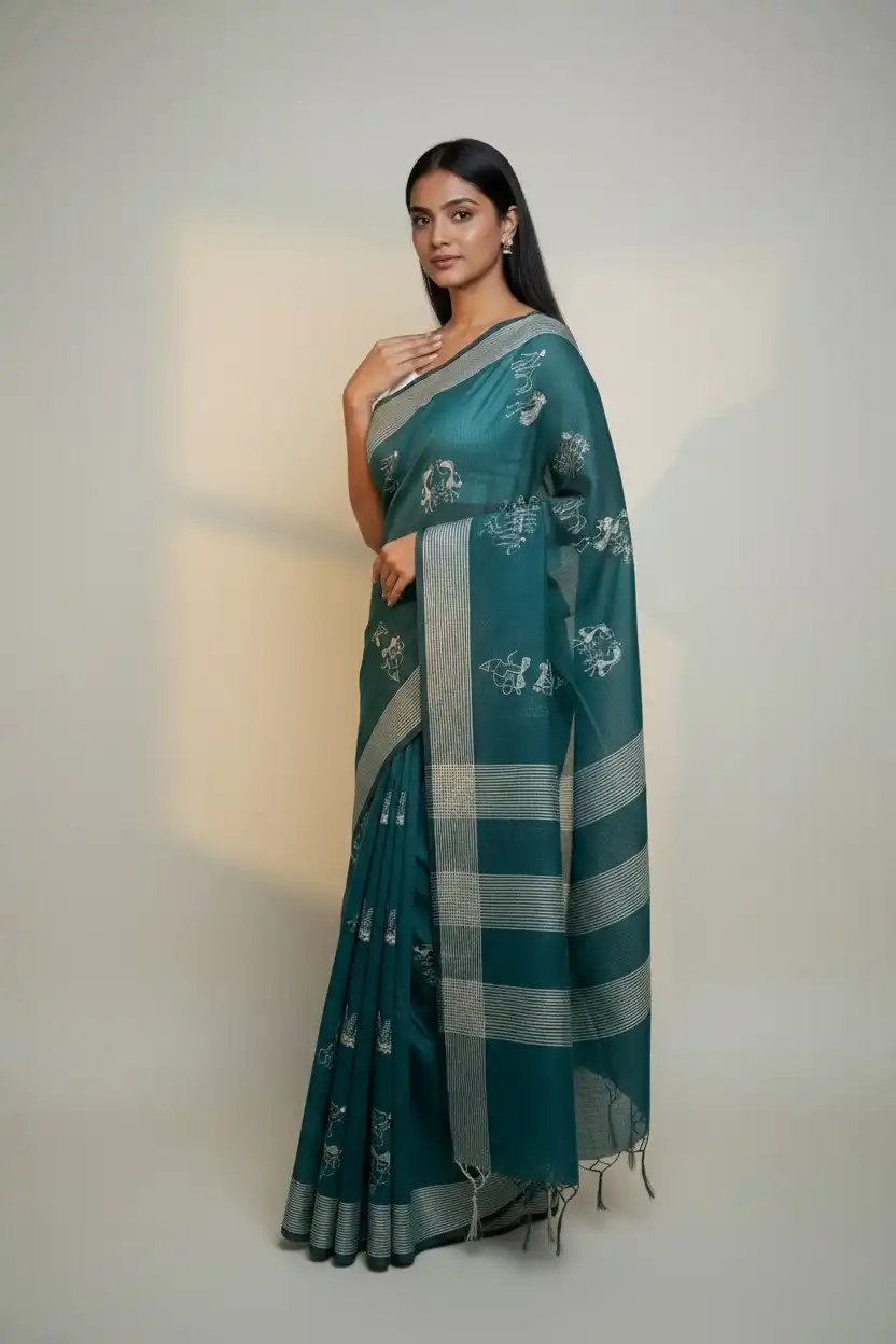 Saura Art Cotton Saree Peacock Teal Tribal Figures view 2