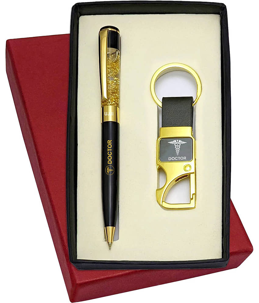 UJJi Doctor Logo Printed Golden Gel Filled Brass Body Ball Pen & Hook Keychain