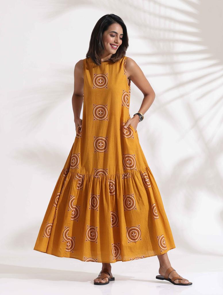 trueBrowns Mustard Cotton Print Tier Dress - Yellow (M) view 2