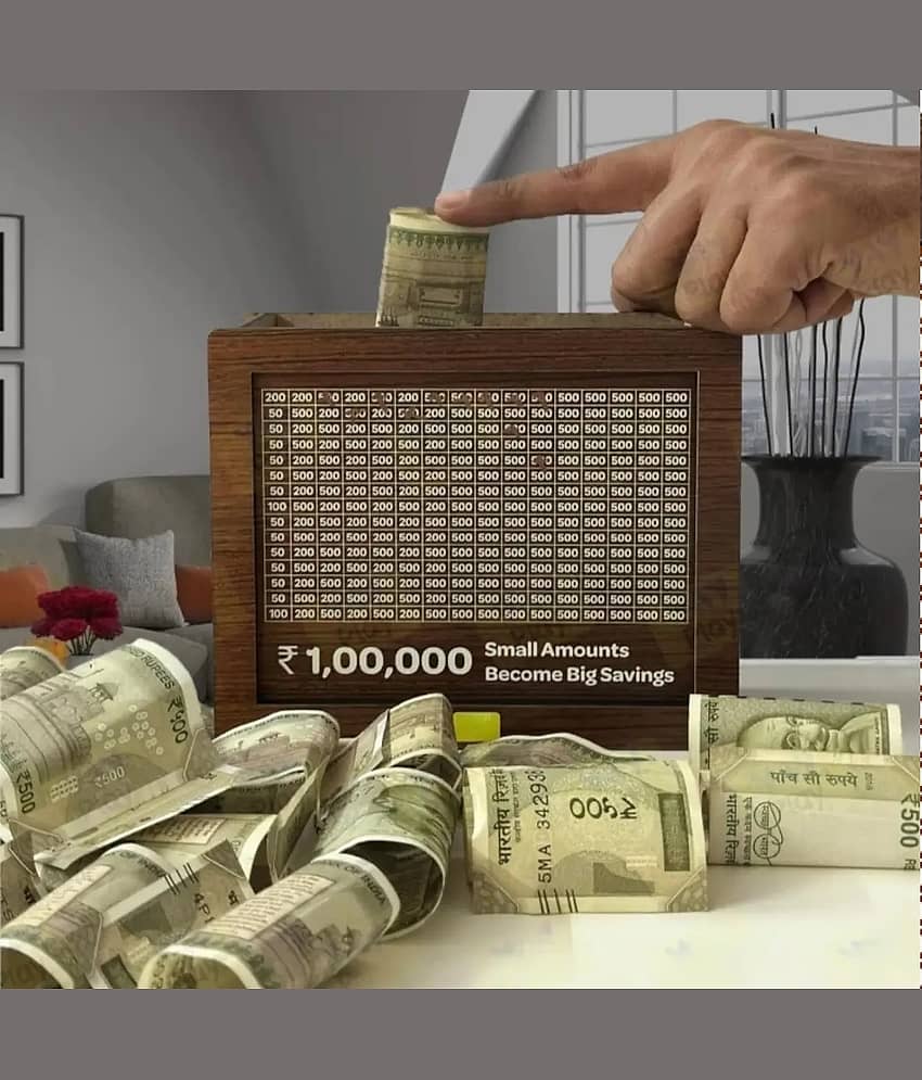Wooden Piggy Money Bank Saving Box With Saving Target Upto 1 Lakh view 2
