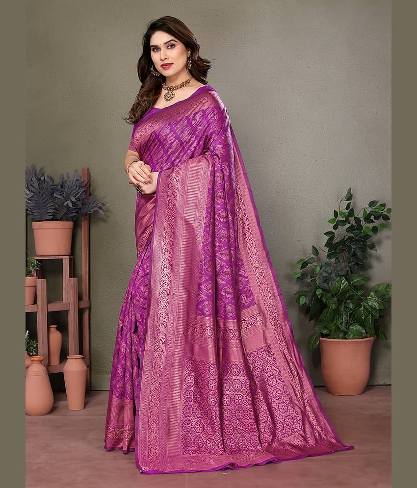 VEDANT VASTRAM Art Silk Self Design Saree With Unstitched Blouse Piece ( Purple ) view 2