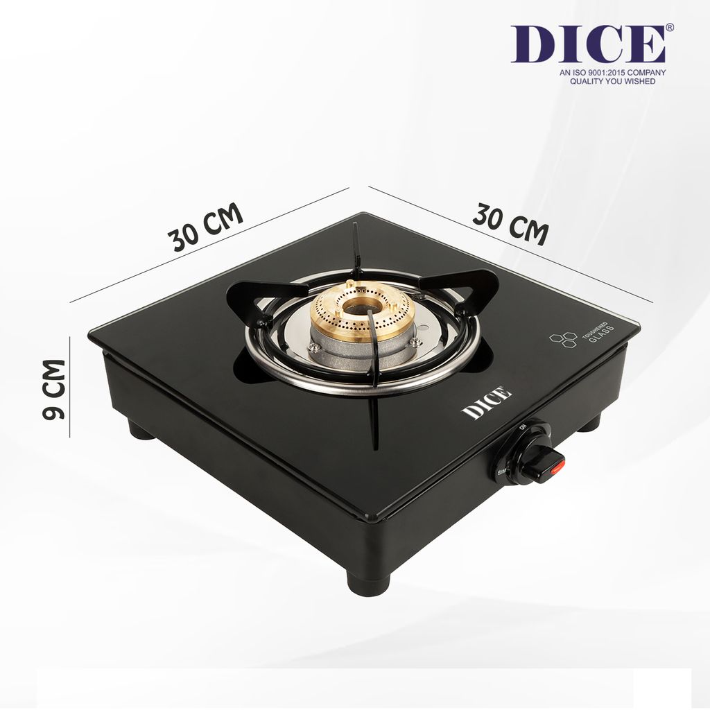 Dice 1 Burner Manual Gas Stove Toughened Glass Top, High-Efficiency Brass Burner, Sleek & Compact Design(Black) view 2