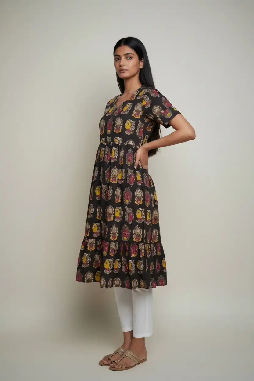 Pedana Kalamkari Screen-Print Cotton Tiered Dress in Coffee Yellow view 2