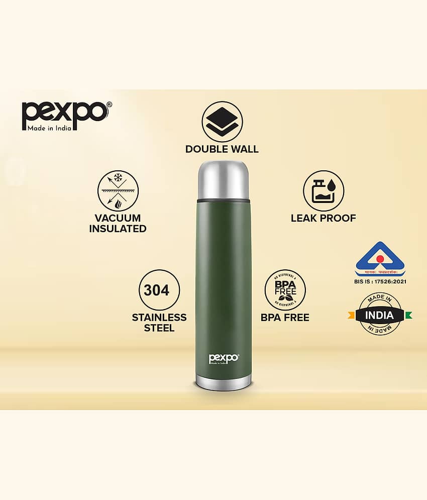 Pexpo 1000ml 24 Hrs Hot and Cold Flask with Jute-bag, Flamingo Vacuum insulated Bottle (Pack of 1, Military Green) view 2