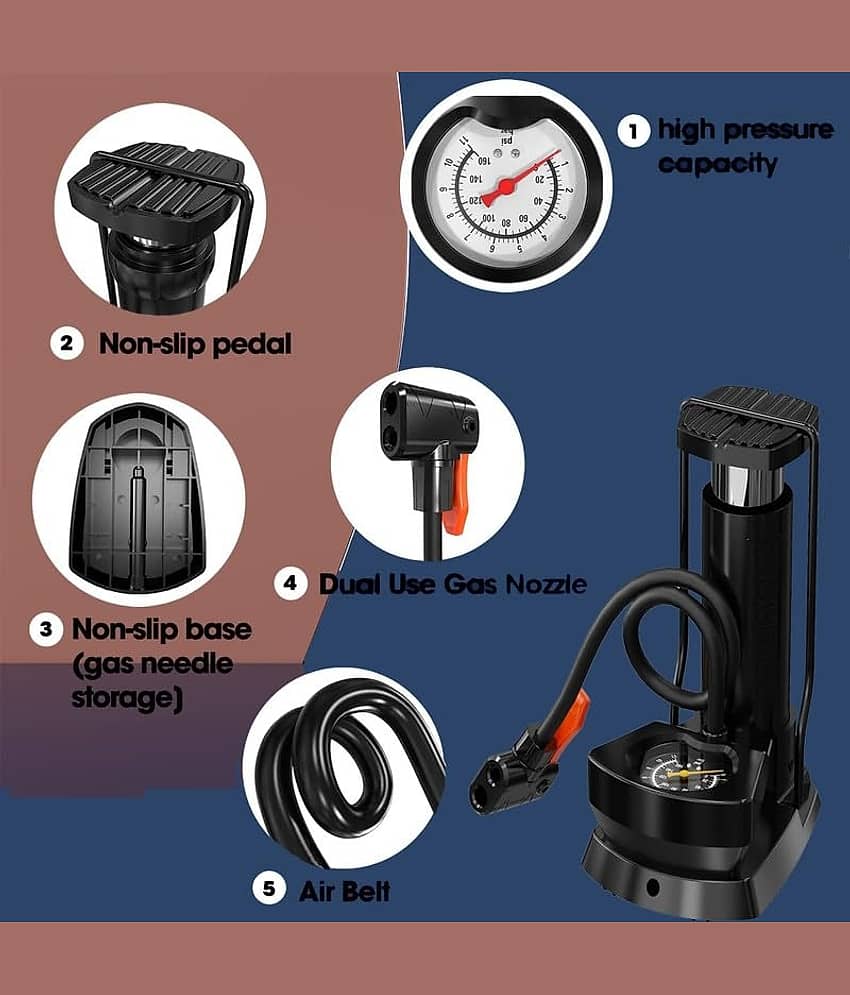 Bhavyta Portable High Pressure Foot Air Pump Heavy Compressor Cylinder with Gauge Floor for Bicycle, Car and Motorbike for Football Cycle Pumps for Bicycle for Tubeless view 2