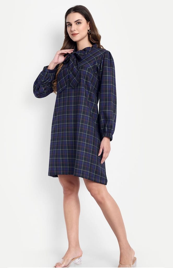 Women's Blue Plaid Long Sleeve Bow Neck Mini Dress view 2