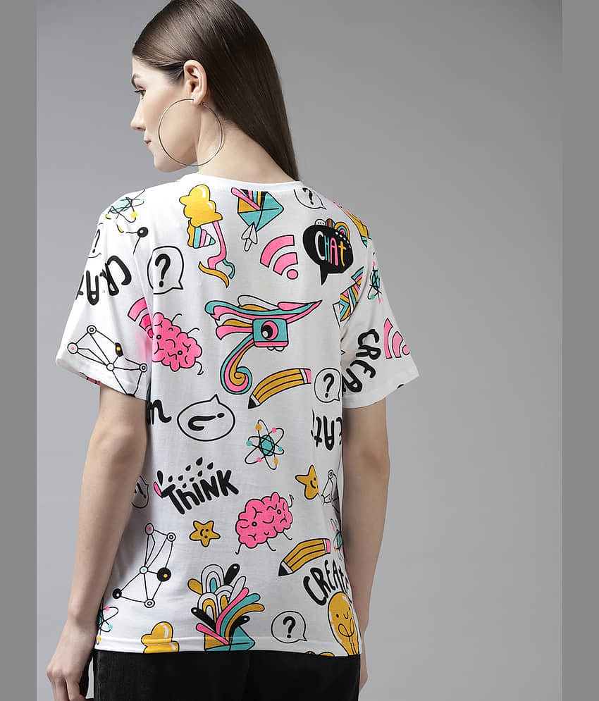 The Dry State Women Cotton Printed Oversized Fit Round Neck T-Shirt ( White ) view 2