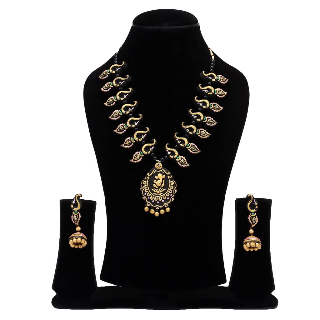 Le bijouxistic EKAM EK black and gold ganesha inspired necklace set with earrings for women view 2