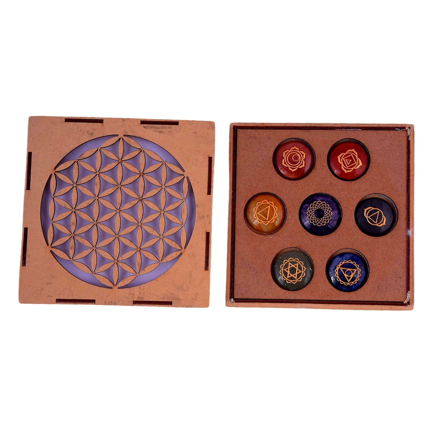 Seven Chakra Symbol Reiki Crystal Healing Set of 7 pcs with Box Reiki Engraved Natural Crystal Round Reiki Set_pri_008(KI_08) by Krishna Impex view 2
