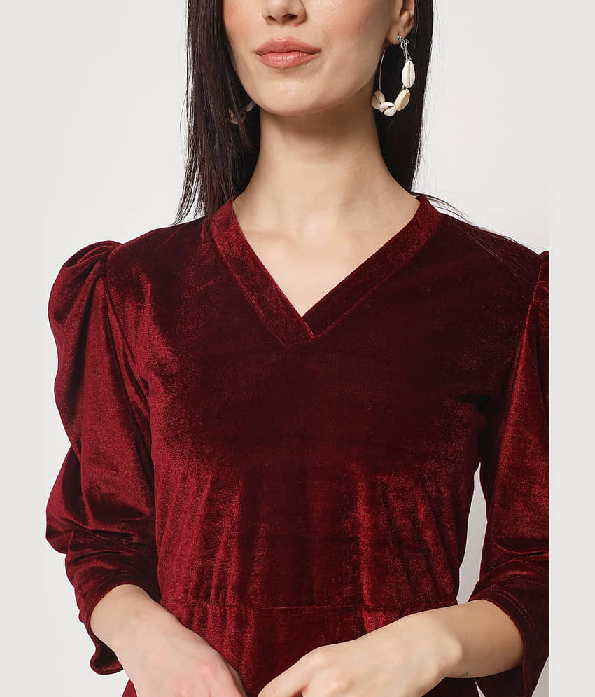 Rudrakriti Women Velvet Solid A-line Dress ( Maroon ) view 2