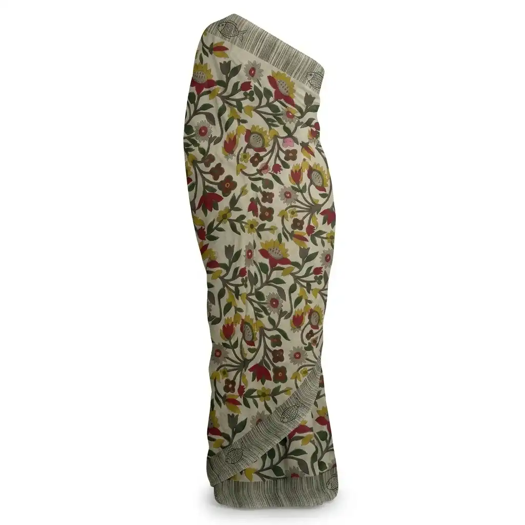 Cream Printed Odisha Handloom Saree | Ethnic Woven Cotton view 2