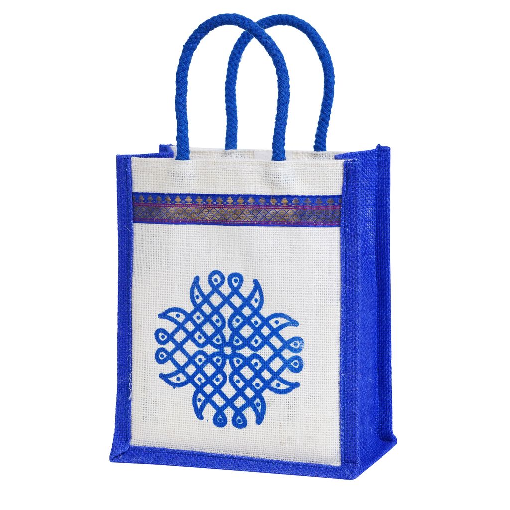 SS Eco-Life Eco-Friendly Jute Bag for Return Gift / Thamboolam Bag with Kolam / Muggu / Rangoli Print for Engagement, Wedding, Baby Shower, Housewarming and Pooja's like Navaratri & Varalakshmi Vratham. Multicolour. view 2