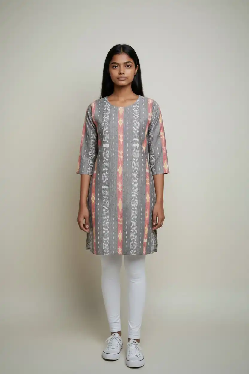 Sambalpuri Ikat Ornate Charcoal Grey-Odisha Handloom Kurti view 2
