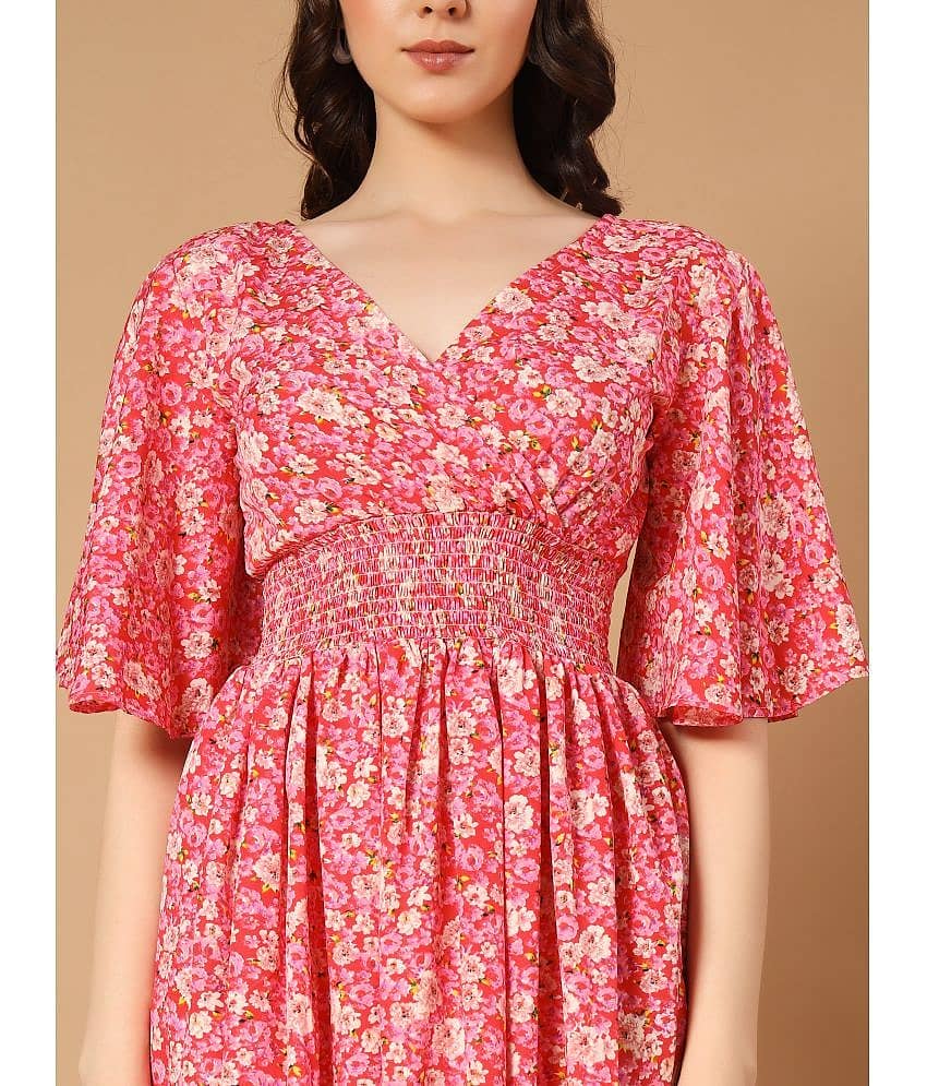ZWERLON Women Crepe Printed Fit & Flare Dress ( Red ) view 2