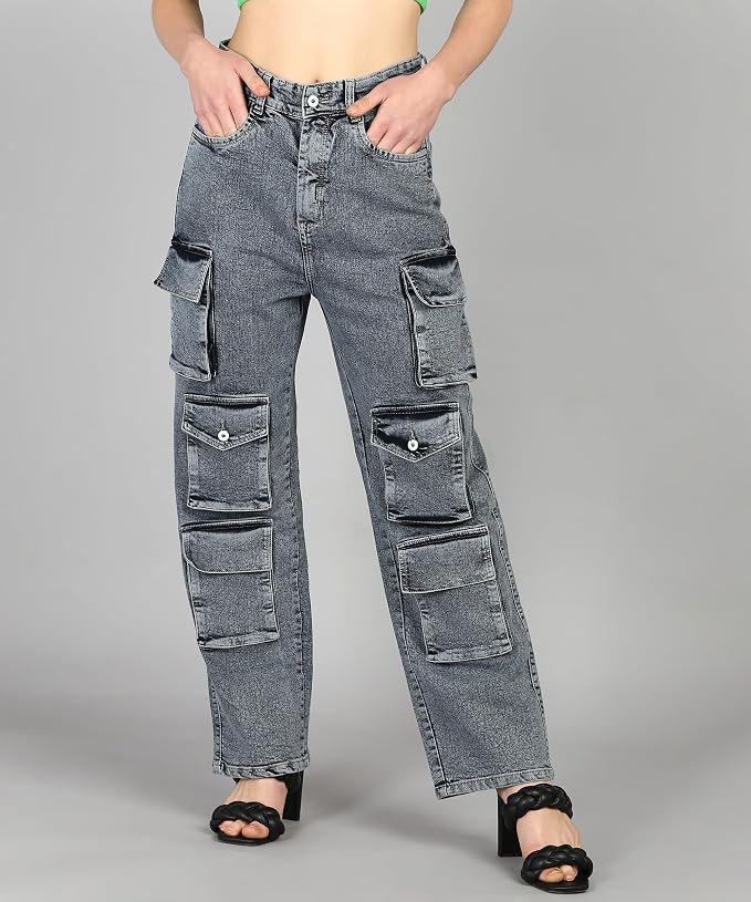 Glossia Fashion Women Cargo Jeans | High Waist Stretchable Loose Straight Fit Denim| Boyfriend Jeans for Women - Grey, 26 view 2