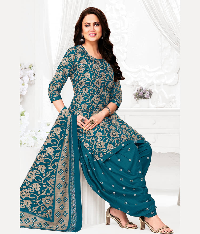 shree jeenmata collection Women Cotton Printed Straight Kurti With Patiala Salwar ( Blue )