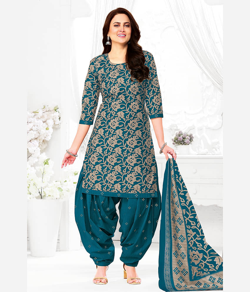 shree jeenmata collection Women Cotton Printed Straight Kurti With Patiala Salwar ( Blue ) view 2