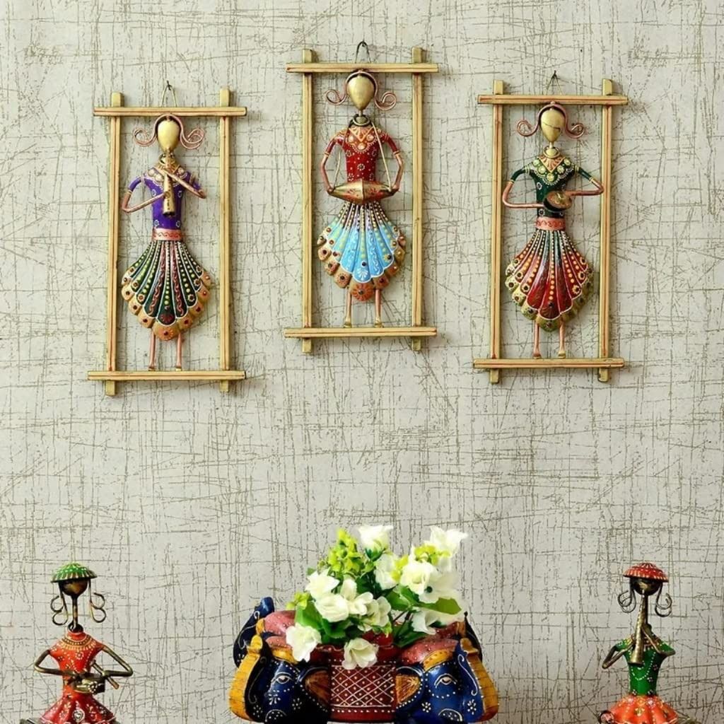 Shree Jagdamba Art Handmade Rajasthani Musician Showpiece for wall decoration for living room - wall decoration items for bedroom - Metal - Multicolour - Set of 3 Frames - Medium