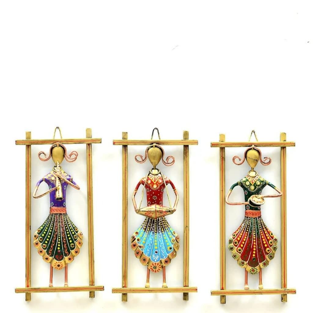 Shree Jagdamba Art Handmade Rajasthani Musician Showpiece for wall decoration for living room - wall decoration items for bedroom - Metal - Multicolour - Set of 3 Frames - Medium view 2