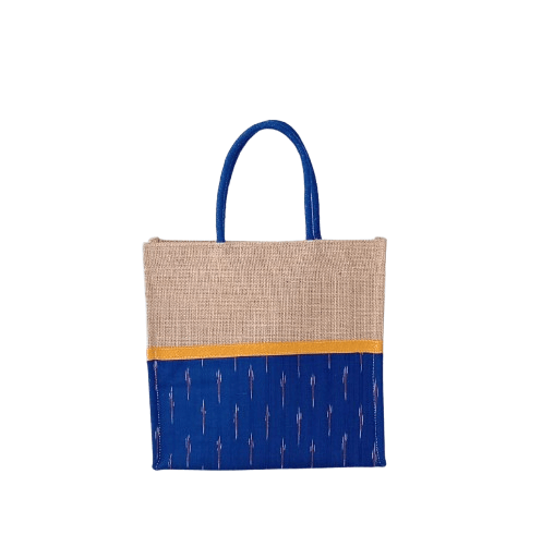 Blue and Brown Jute Tote Bag with Geometric Print