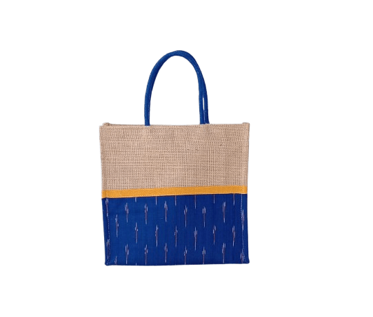 Blue and Brown Jute Tote Bag with Geometric Print view 2