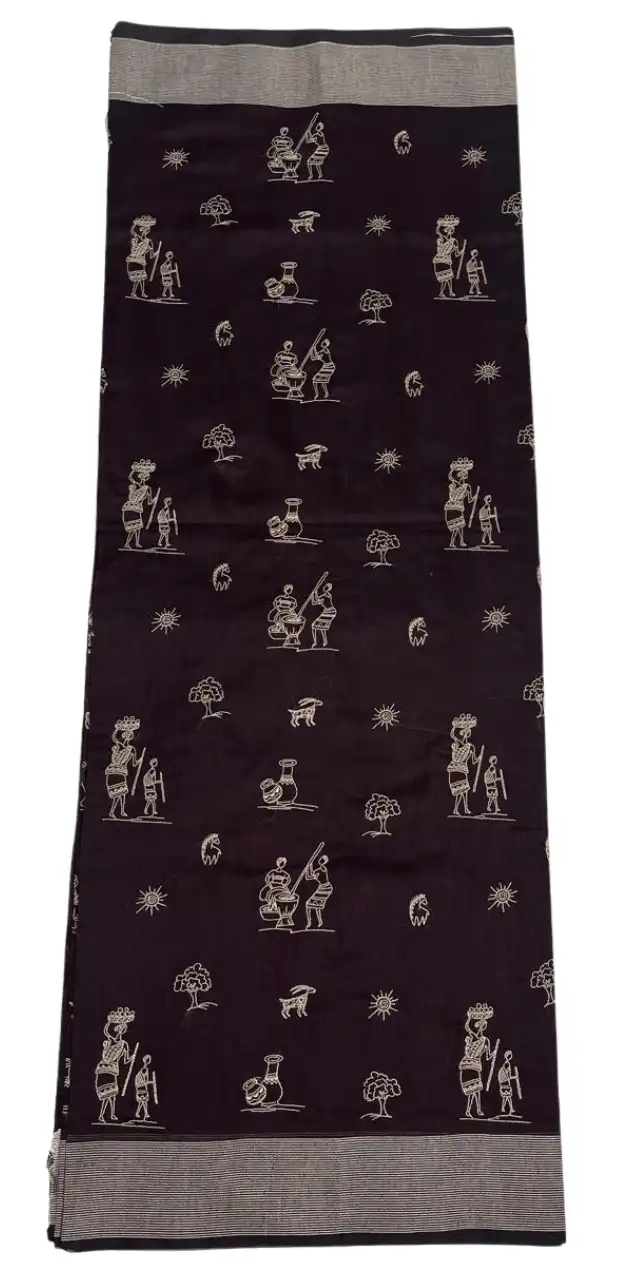 Saura Art Cotton Saree Charcoal Black Tribal Figures view 2