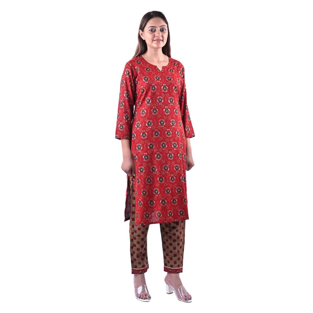 Women's Rayon Cotton Mix Fabric Block Printing and Zari Work Slint Kurti Pant Set Red view 2