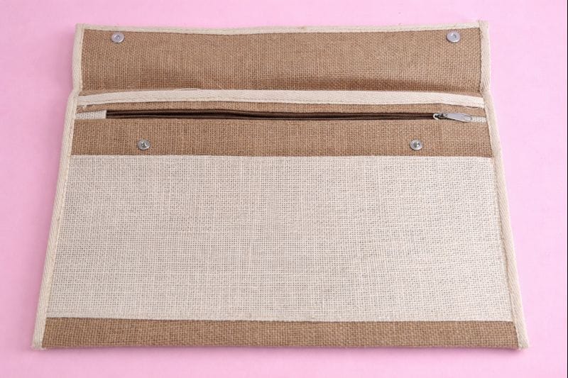 Light Brown Jute & Fabric Messenger Bag with Zippered Pocket view 2