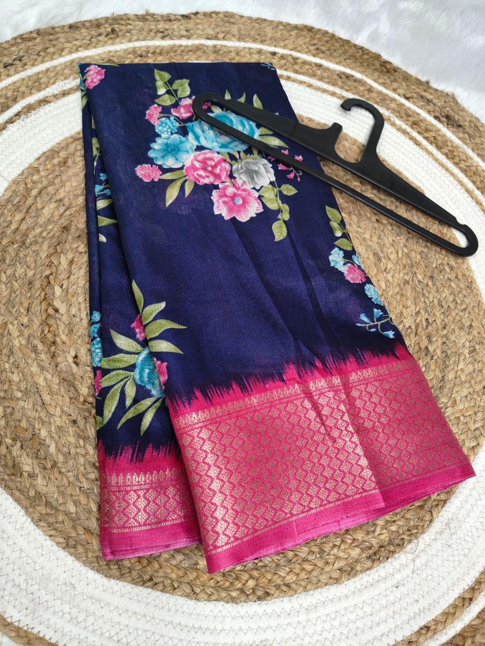 Flower Printed dola silk saree with blouse view 2