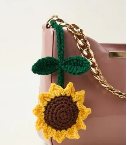 Viral Aesthetic Crochet Sunflower Hair & Bag Charm - Handmade Multi-Use Floral Accessory with Leaf Clip view 2